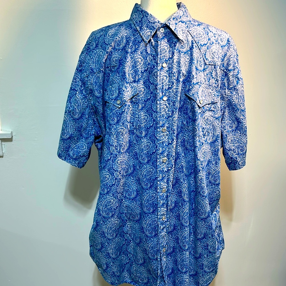 ELY CATTLEMEN 2XLT Men’s Blue/White PAISLEY Western Pearlsnap Short Sleeve Shirt